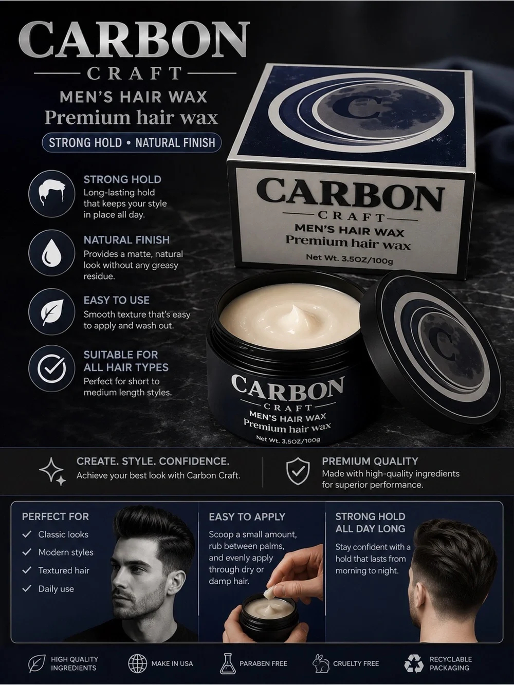 CARBON Men’s Hair Wax - Premium Strong Hold